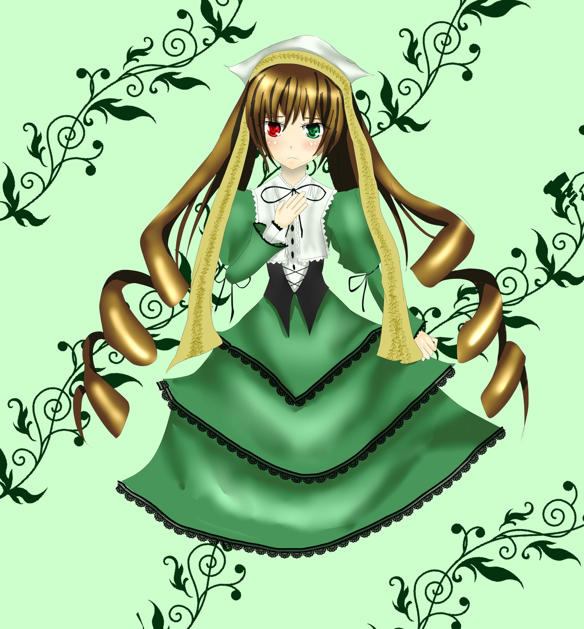 1girl auto_tagged brown_hair dress flower green_background green_dress green_eyes head_scarf heterochromia image long_hair long_sleeves looking_at_viewer plant red_eyes solo suiseiseki very_long_hair vines watering_can