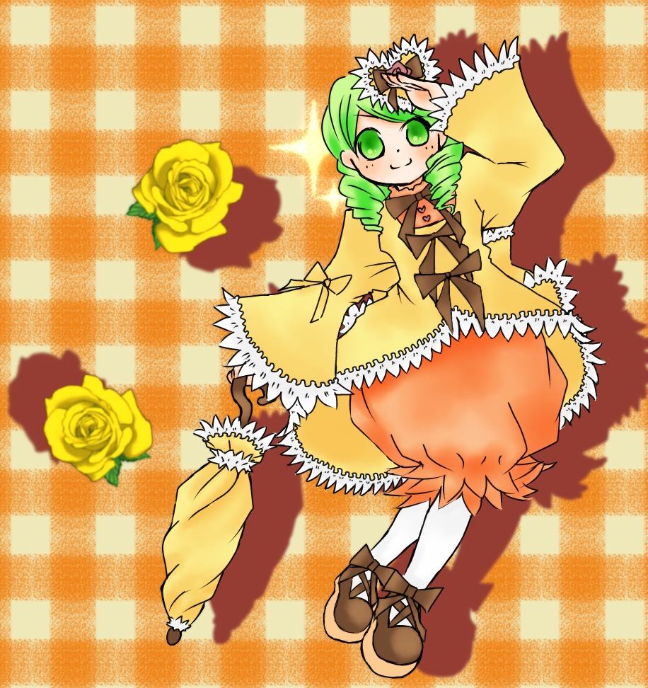 1girl argyle argyle_background argyle_legwear board_game checkerboard_cookie checkered checkered_background checkered_floor checkered_kimono checkered_scarf checkered_skirt chess_piece dress drill_hair flower green_eyes green_hair image kanaria long_sleeves perspective pink_rose plaid_background rose solo tile_floor tiles twin_drills yellow_flower yellow_rose