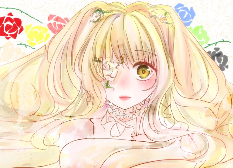 1girl bangs blonde_hair choker eyepatch flower hair_flower hair_ornament image kirakishou long_hair looking_at_viewer rose solo yellow_eyes