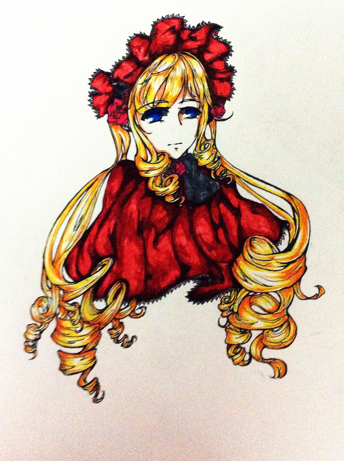1girl blonde_hair blue_eyes bonnet drill_hair flower image long_hair looking_at_viewer red_flower ringlets rose shinku solo traditional_media twin_drills twintails upper_body