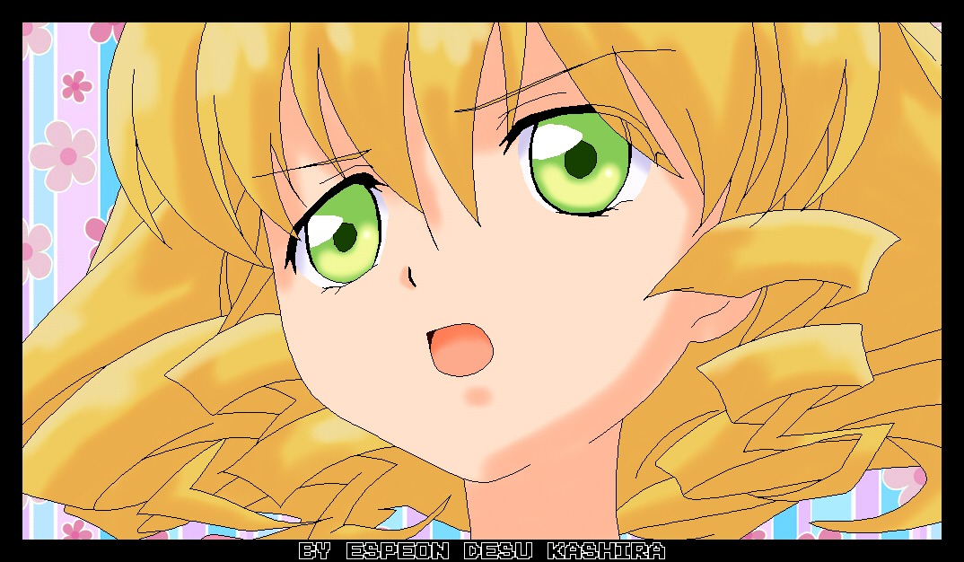 1girl anime_coloring black_border blonde_hair border close-up drill_hair eyebrows_visible_through_hair face green_eyes hinaichigo image letterboxed looking_at_viewer open_mouth parody ringlets solo subtitled twin_drills
