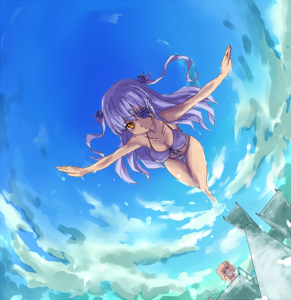 2girls bad_id bad_pixiv_id barasuishou bikini breasts cleavage cloud dark_skin day diving eyepatch front-tie_top hair_ornament hairclip image kirakishou long_hair medium_breasts multiple_girls onoguru outdoors outstretched_arms pink_hair purple_bikini purple_hair rozen_maiden side-tie_bikini sky solo spread_arms swimsuit two_side_up yellow_eyes