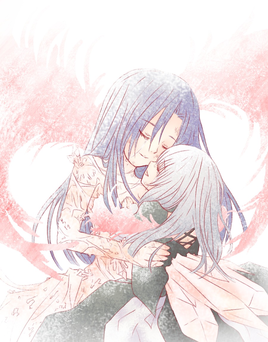 2girls angel_wings blue_hair closed_eyes dress feathered_wings feathers happy image kakizaki_megu long_hair multiple_girls silver_hair smile solo suigintou wings yuri