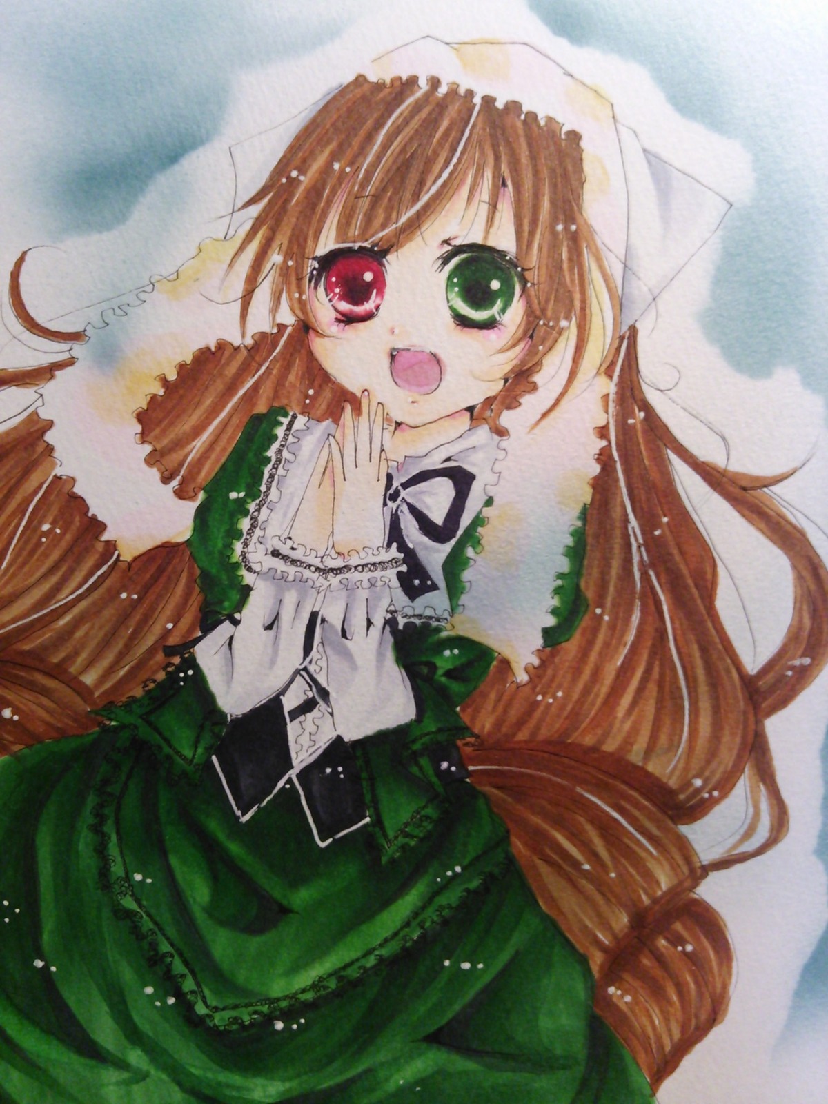 1girl :d brown_hair dress frills green_dress green_eyes head_scarf heterochromia image long_hair long_sleeves looking_at_viewer open_mouth red_eyes smile solo suiseiseki traditional_media very_long_hair watercolor_(medium)