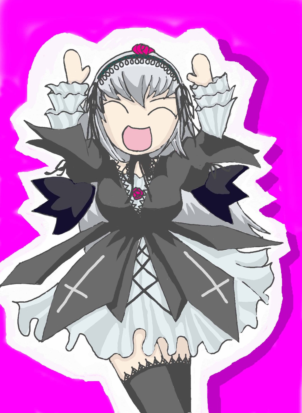 1girl closed_eyes dress hairband image long_hair long_sleeves open_mouth silver_hair smile solo suigintou wings