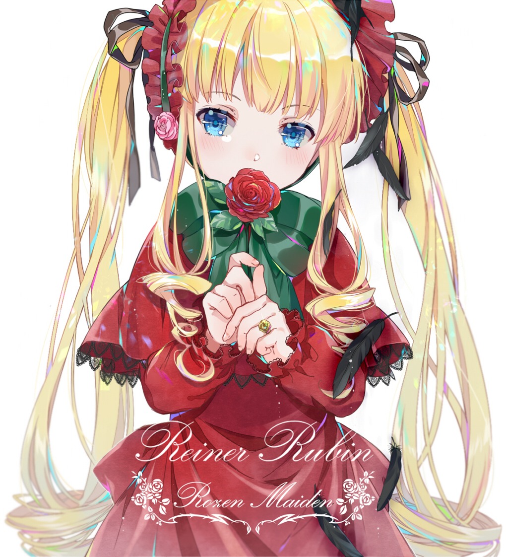 1girl bangs black_bow black_ribbon blonde_hair blue_eyes blush bow capelet closed_mouth commentary_request covered_mouth dress drill_hair ekita_kuro eyebrows_visible_through_hair flower flower_over_mouth frilled_sleeves frills green_bow hair_ribbon hands_up headdress holding holding_flower image jewelry long_hair long_sleeves looking_at_viewer red_capelet red_dress red_flower red_rose ribbon ring ringlets rose rozen_maiden shinku sidelocks simple_background solo tsurime twintails upper_body very_long_hair white_background