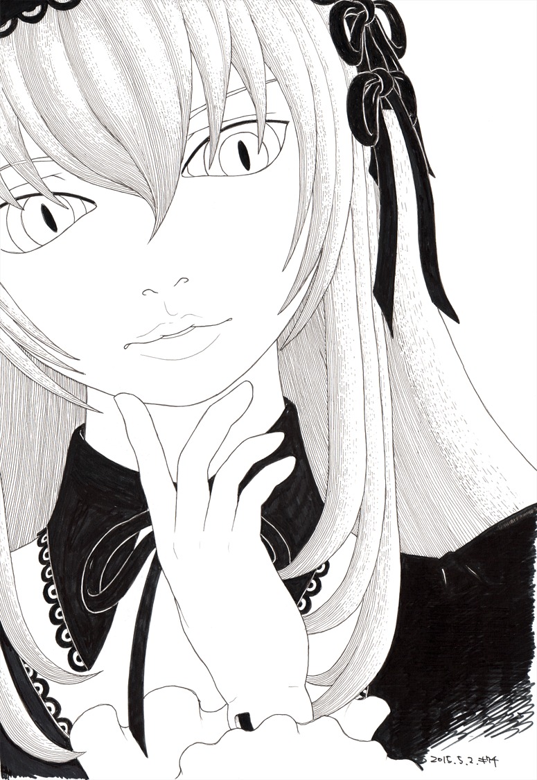 1girl blush greyscale hair_between_eyes image long_hair monochrome ribbon solo suigintou tears