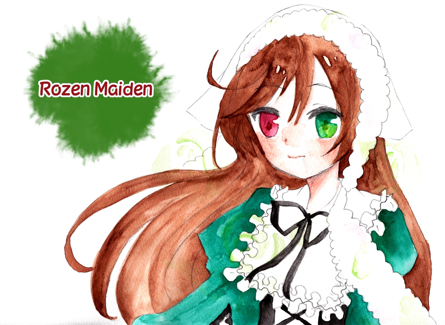 1girl blush brown_hair dress green_dress green_eyes head_scarf heterochromia image long_hair long_sleeves looking_at_viewer red_eyes smile solo suiseiseki very_long_hair white_background