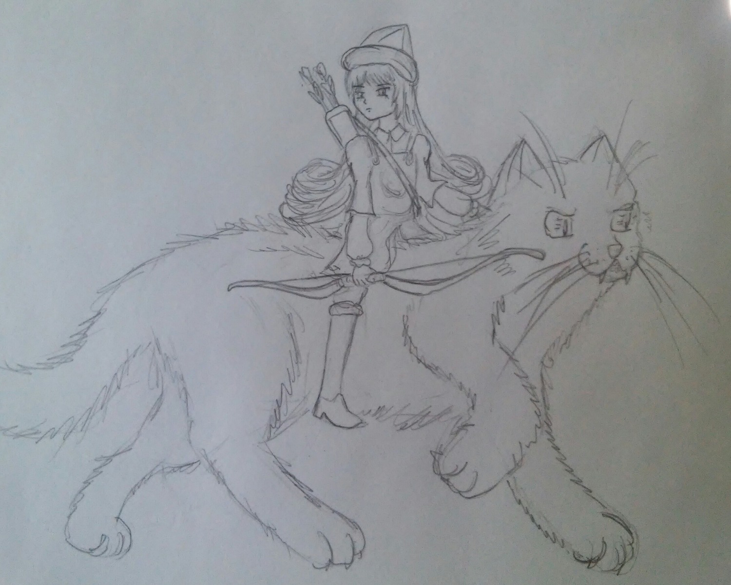 1girl breasts gloves greyscale hat image long_hair monochrome riding sketch solo suiseiseki traditional_media wolf