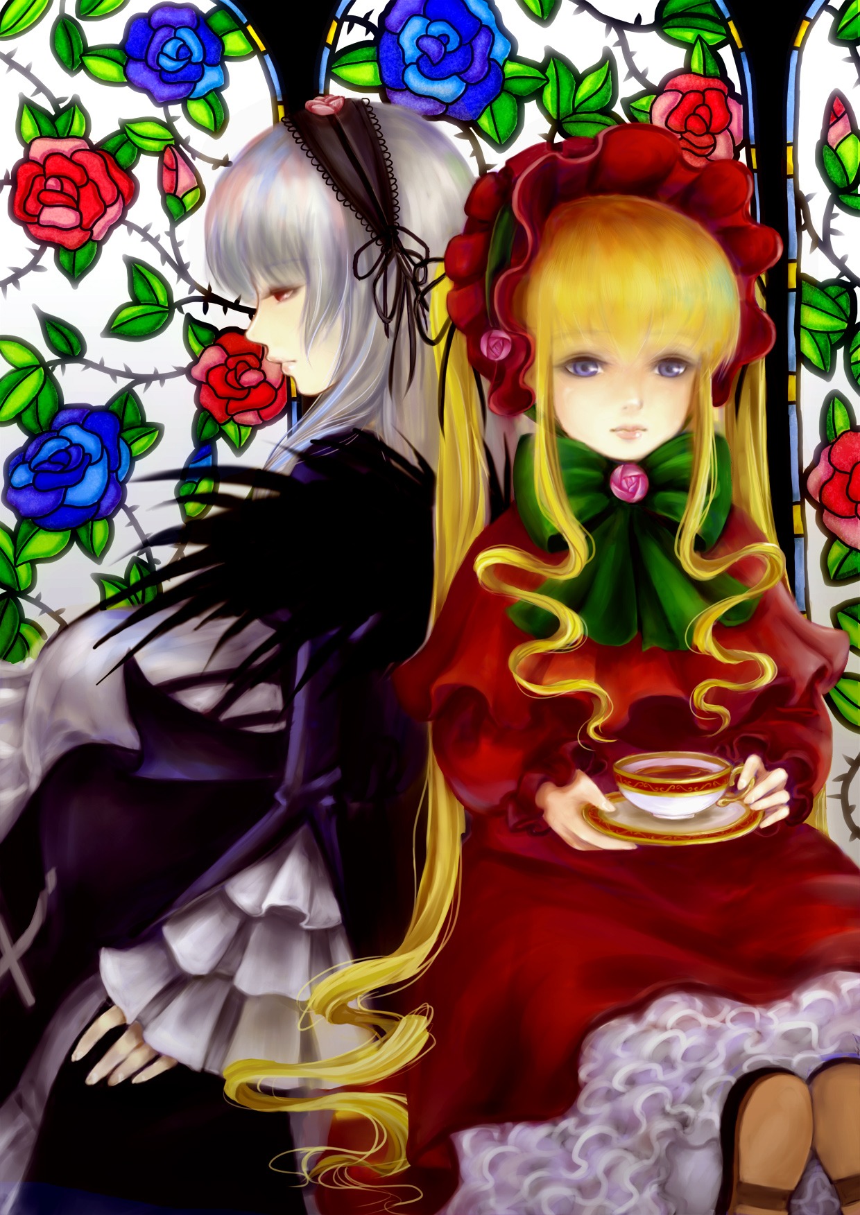 2girls blonde_hair blue_eyes blue_flower blue_rose bonnet bow cup dress flower frills image long_hair multiple_girls pair red_dress red_flower red_rose rose shinku sitting suigintou teacup thorns