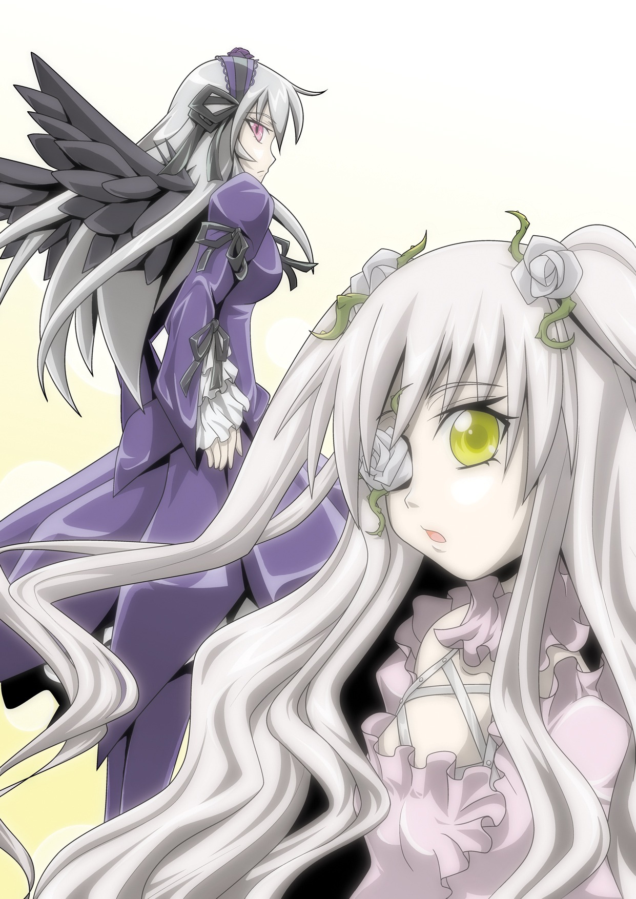 dress eyepatch flower frills image kirakishou long_hair long_sleeves multiple_girls pair rose silver_hair suigintou very_long_hair wings yellow_eyes