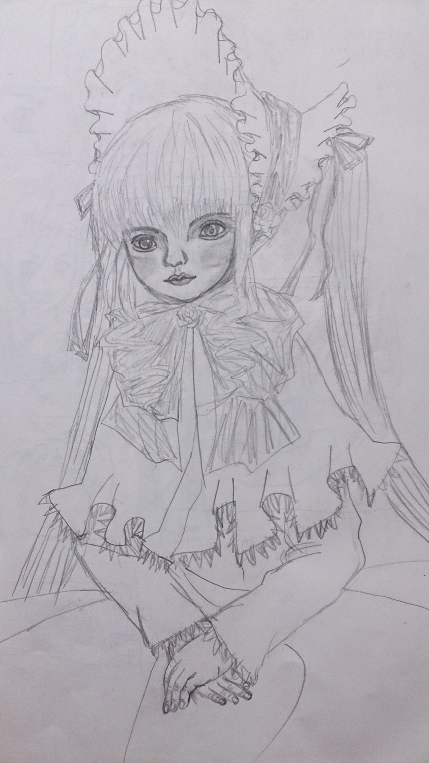 1girl bonnet dress drill_hair frills image lolita_fashion long_hair long_sleeves looking_at_viewer monochrome open_mouth photo shinku simple_background sketch smile solo traditional_media twintails