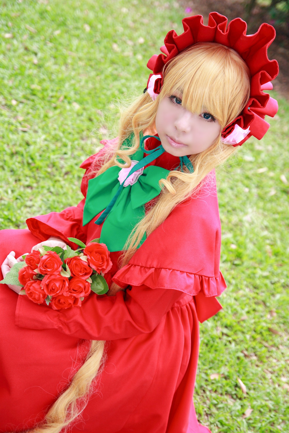 1girl blonde_hair blue_eyes bouquet bow dress flower lips long_hair looking_at_viewer red_dress red_rose rose shinku solo
