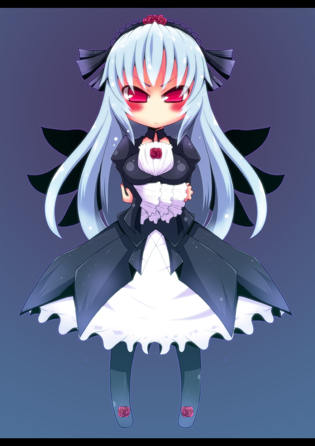 1girl blush dress flower frills gothic_lolita hairband image letterboxed lolita_fashion long_hair long_sleeves looking_at_viewer pantyhose red_eyes rose solo standing suigintou