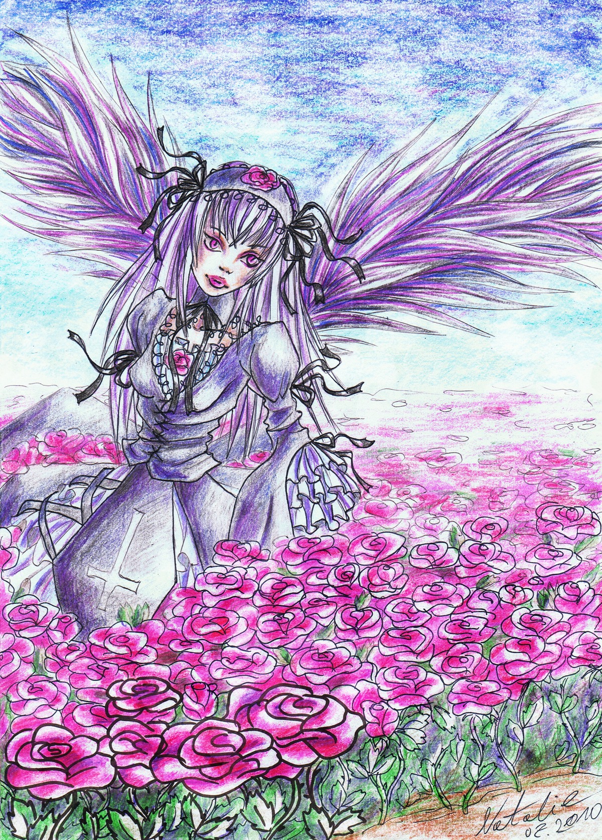 1girl dress floating_hair flower frills hairband image long_hair long_sleeves looking_at_viewer pink_eyes rose solo suigintou traditional_media very_long_hair watercolor_(medium) wings