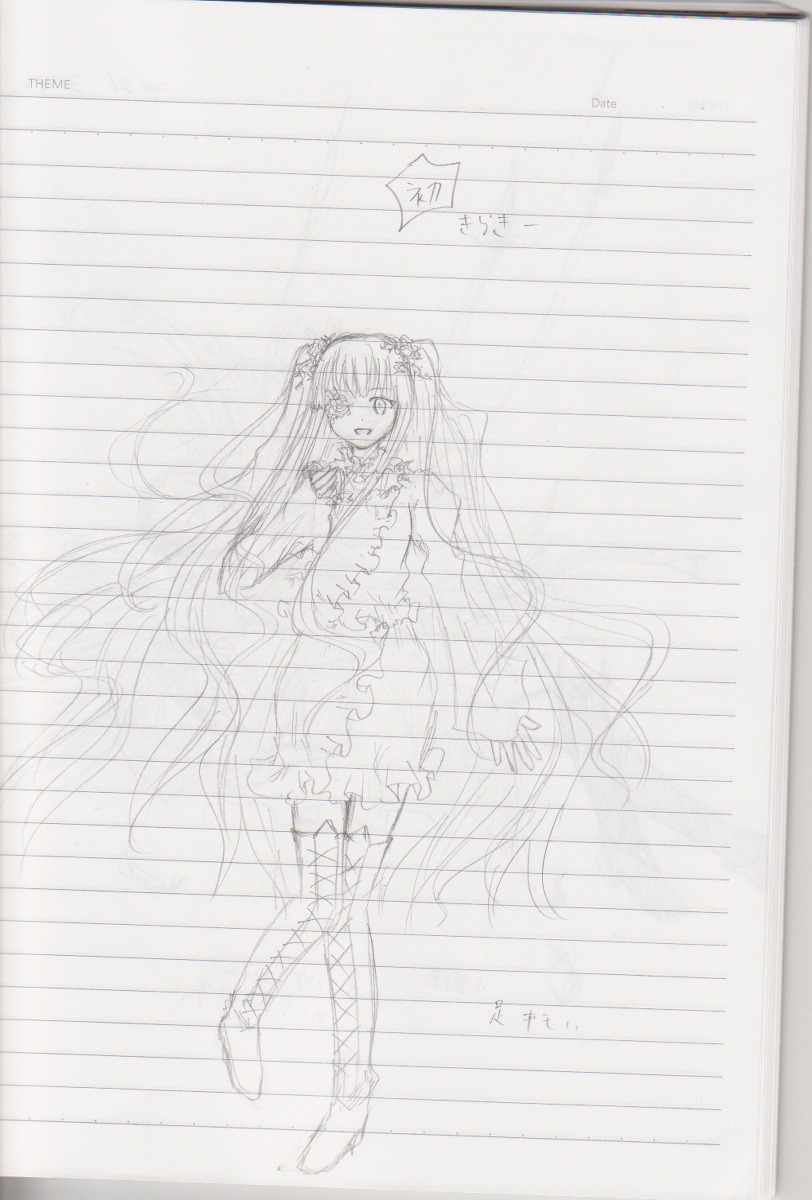 1girl dress flower full_body image kirakishou long_hair looking_at_viewer monochrome open_mouth simple_background sketch solo suigintou traditional_media twintails very_long_hair