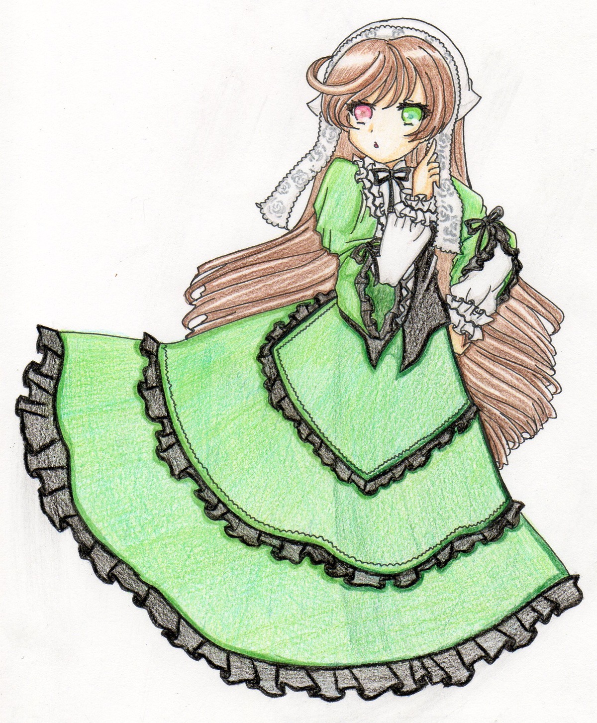 1girl brown_hair dress frills green_dress green_eyes heterochromia image long_hair long_sleeves looking_at_viewer red_eyes ribbon simple_background solo suiseiseki very_long_hair