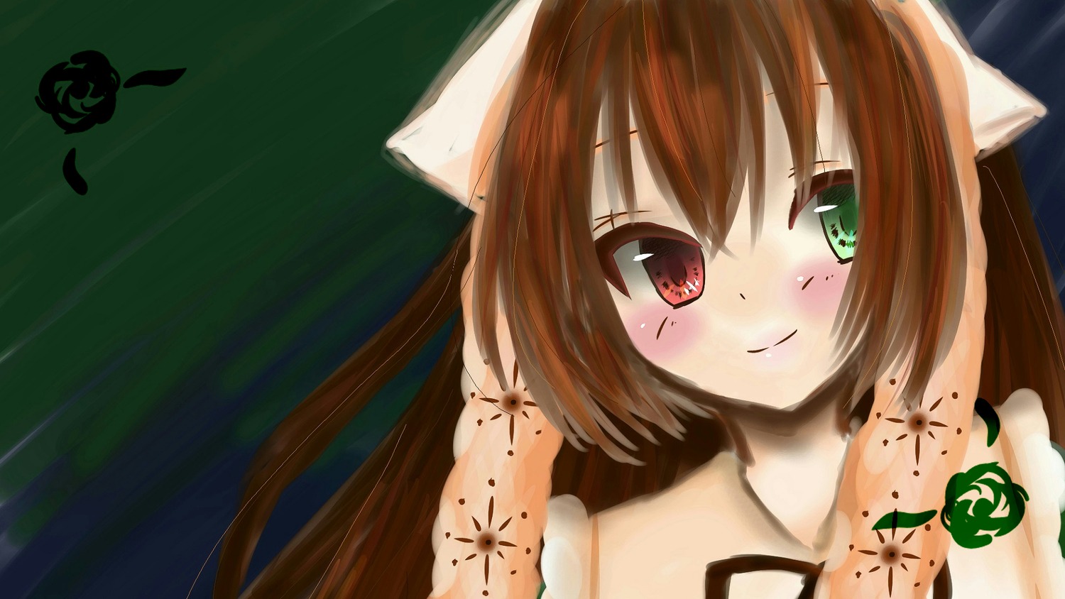 1girl blush brown_hair closed_mouth flower green_eyes heterochromia image long_hair looking_at_viewer red_eyes rose smile solo souseiseki suiseiseki tattoo