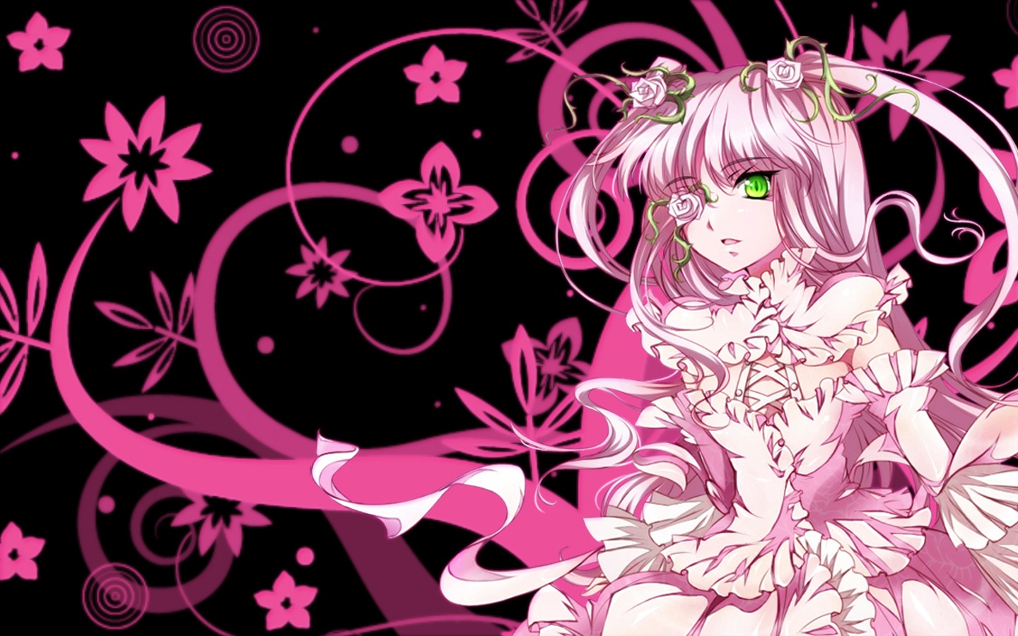 1girl dress flower frills green_eyes hair_flower hair_ornament image kirakishou long_hair pink_hair ribbon solo vines