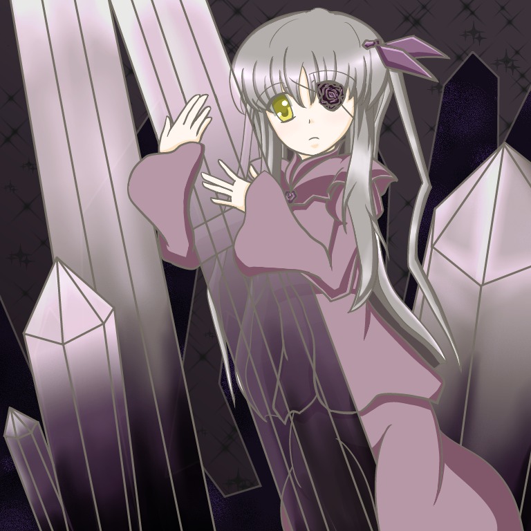 1girl barasuishou dress eyepatch hair_ornament image long_hair long_sleeves looking_at_viewer silver_hair solo standing yellow_eyes