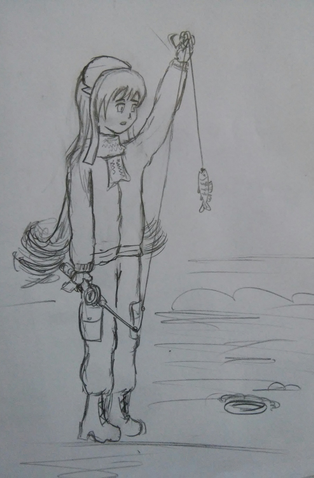 1girl boots full_body greyscale image long_hair long_sleeves monochrome pointy_ears sketch solo standing suiseiseki traditional_media weapon