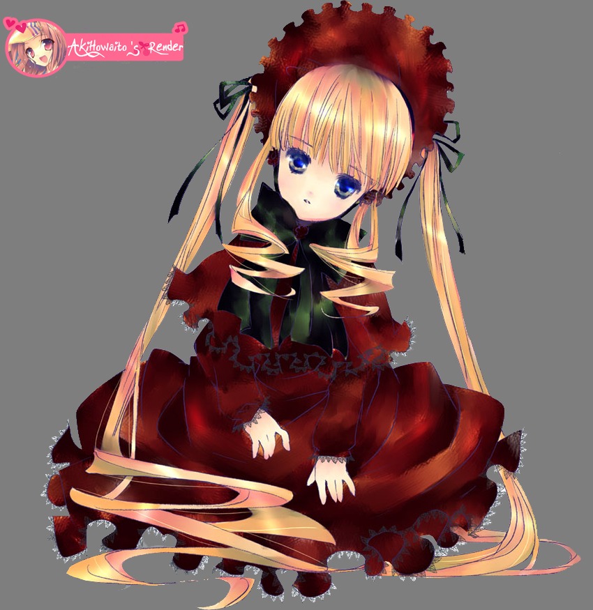 1girl blonde_hair blue_eyes bonnet bow dress drill_hair frills full_body image long_hair long_sleeves looking_at_viewer red_dress shinku sitting solo transparent_background twin_drills twintails very_long_hair