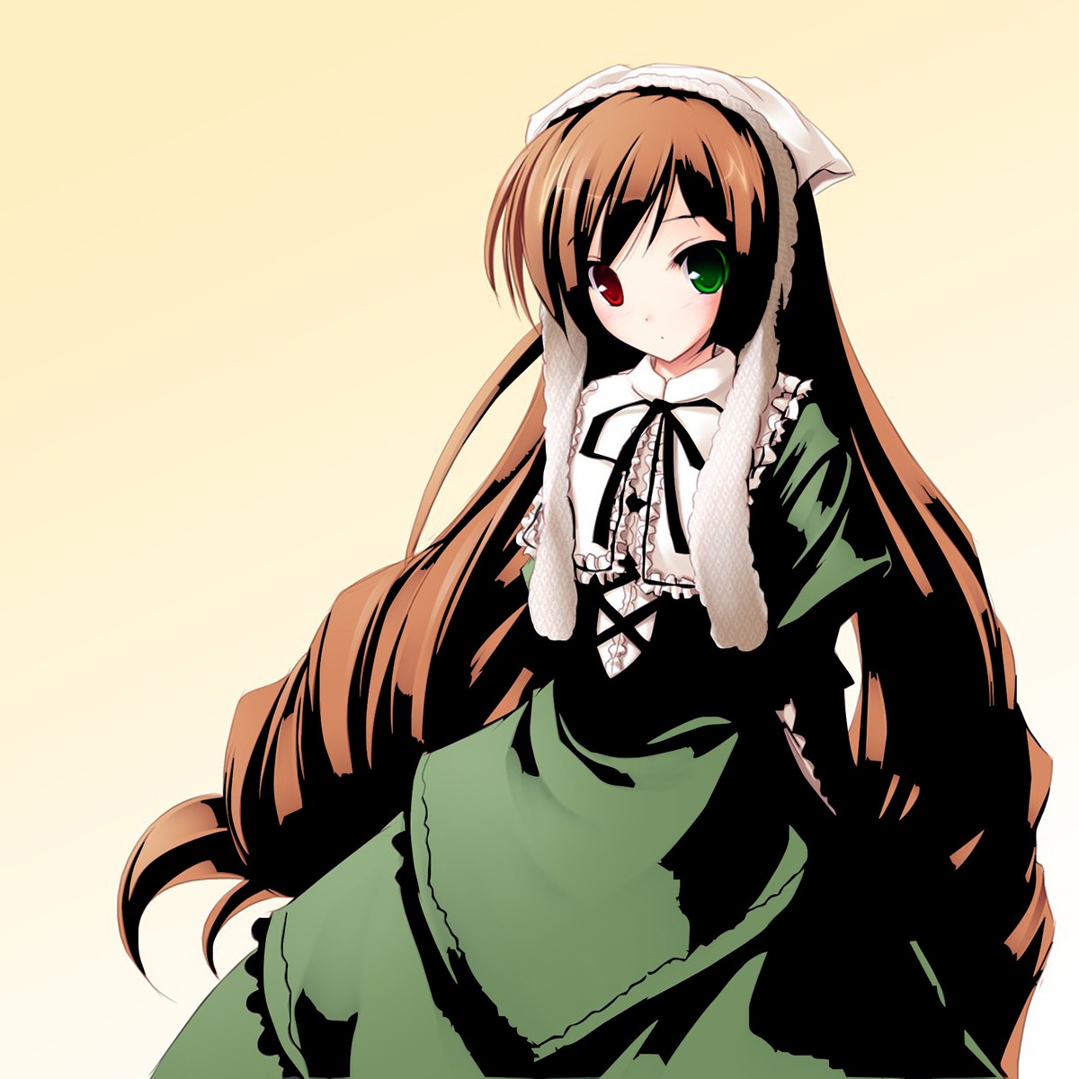 1girl bangs black_ribbon brown_hair corset dress drill_hair frills green_dress green_eyes hat heterochromia image lolita_fashion long_hair long_sleeves looking_at_viewer red_eyes ribbon rozen_maiden simple_background solo standing suiseiseki tenmaso twin_drills twintails very_long_hair