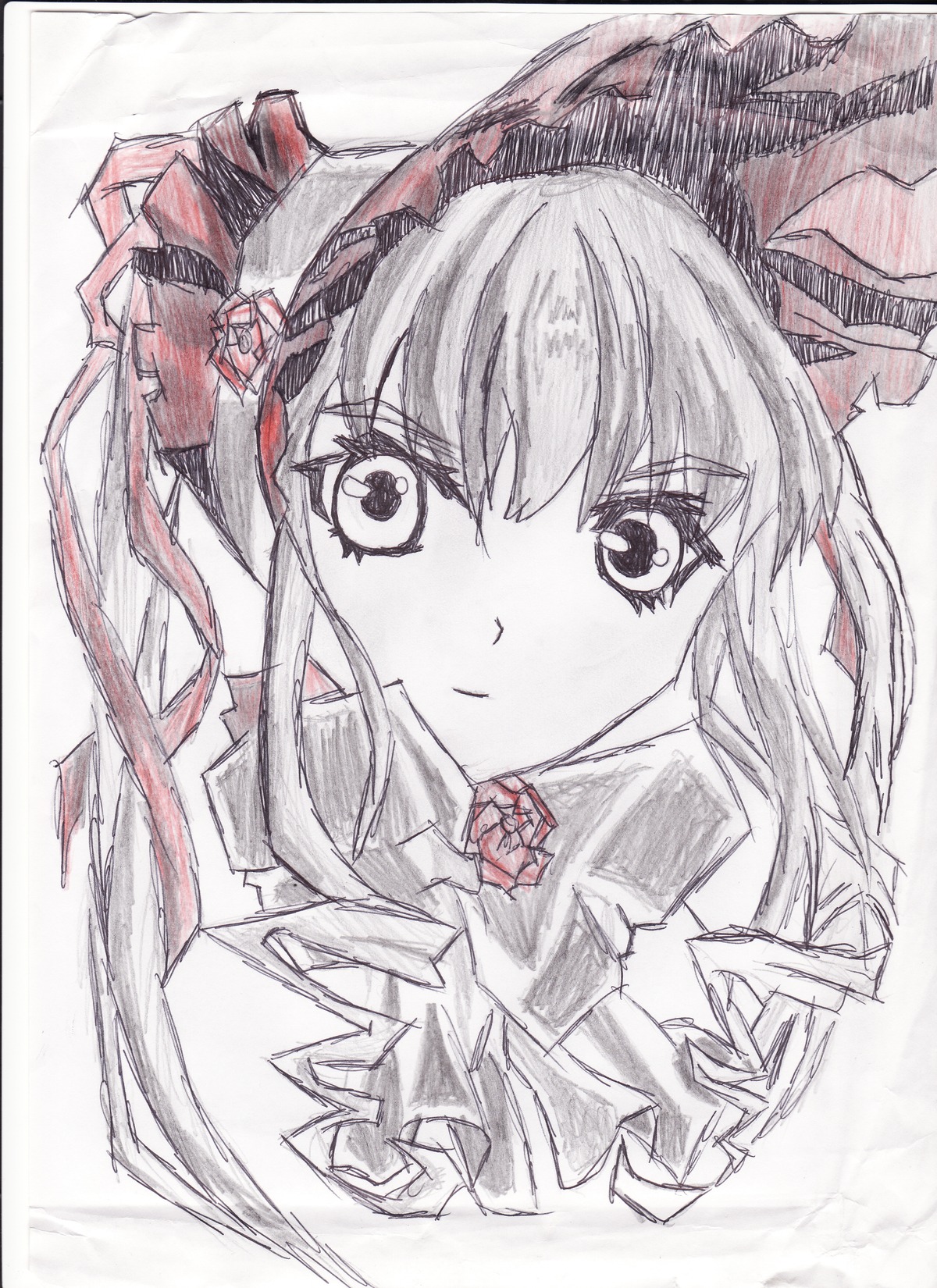 1girl bangs blush closed_mouth dress eyebrows_visible_through_hair flower frills image long_hair looking_at_viewer photo red_flower red_rose rose shinku simple_background sketch smile solo traditional_media