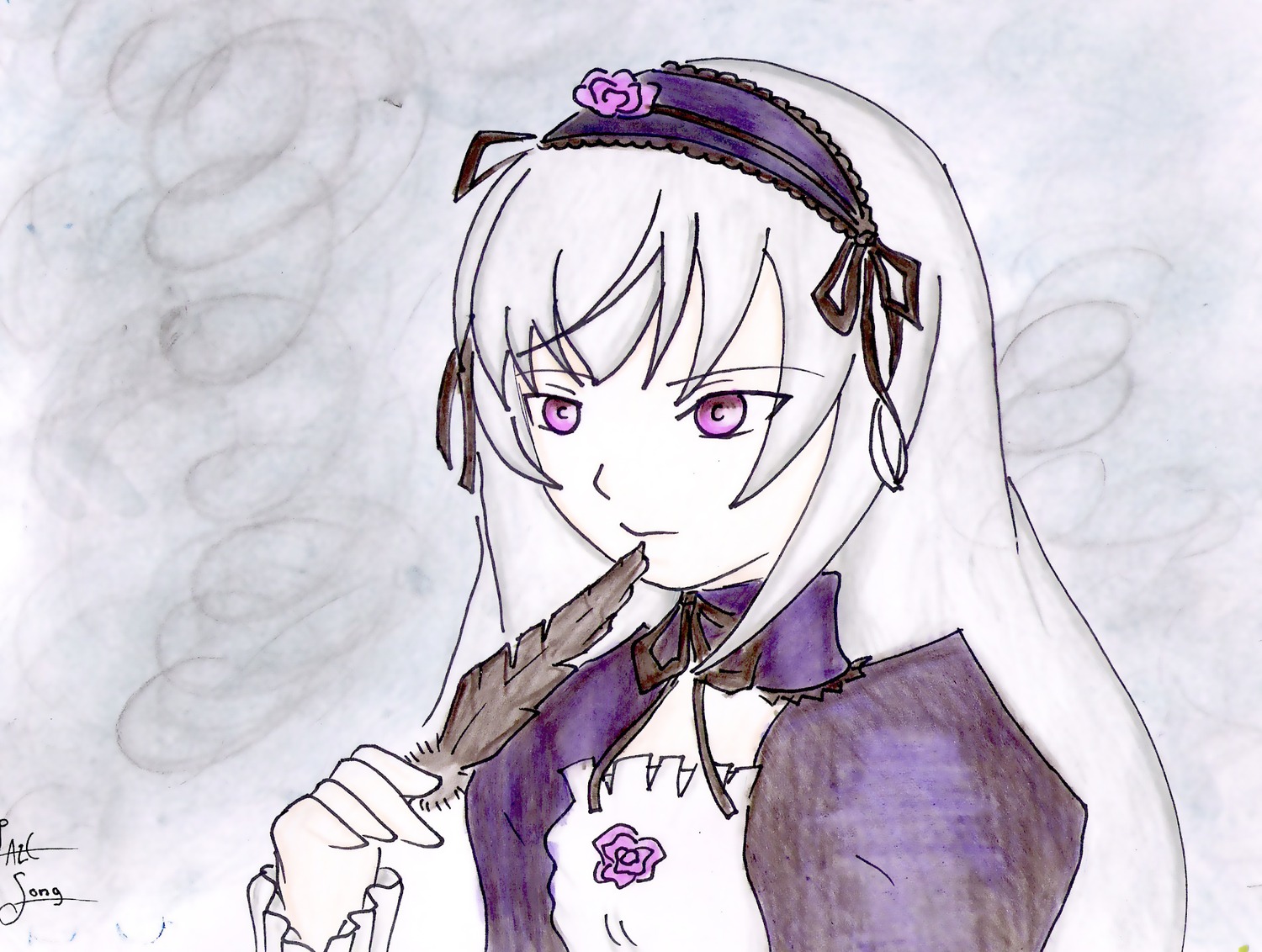 1girl detached_collar dress flower frills hairband image long_hair purple_eyes rose signature silver_hair solo suigintou