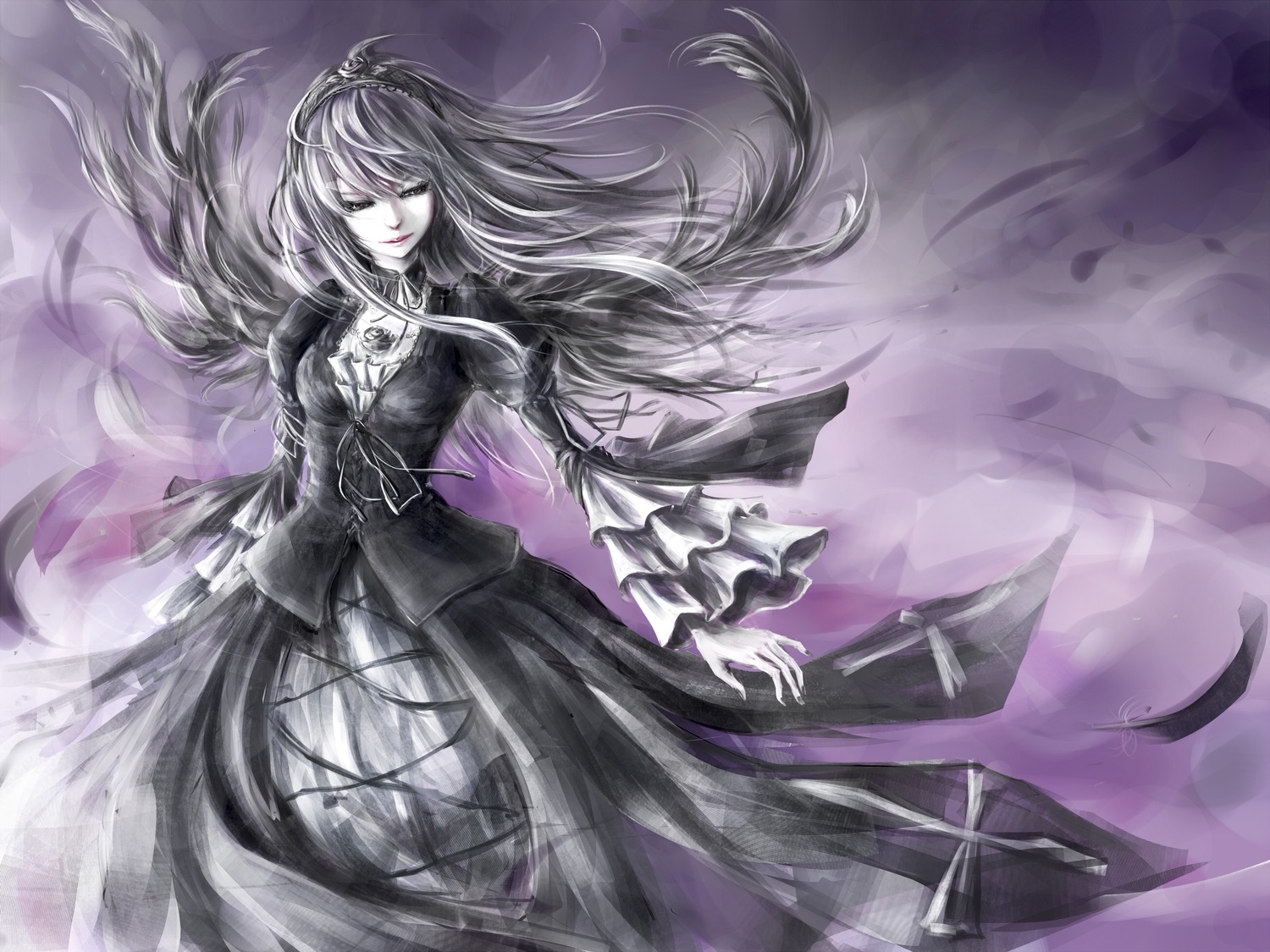 1girl bad_id bad_pixiv_id black_flower black_rose breasts dress feathers flower frills gothic_lolita hairband highres image layered_dress lolita_fashion long_hair long_sleeves marimo_ouji monochrome older rose rozen_maiden silver_hair smile solo suigintou very_long_hair wide_sleeves wings