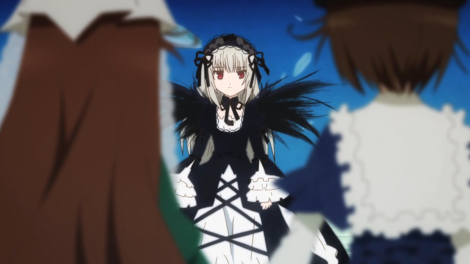 1boy 2girls bangs black_dress black_wings blurry blurry_background blurry_foreground brown_hair depth_of_field dress frills gothic_lolita hairband image lolita_fashion lolita_hairband long_hair long_sleeves motion_blur multiple multiple_girls red_eyes reflection ribbon silver_hair suigintou tagme wings