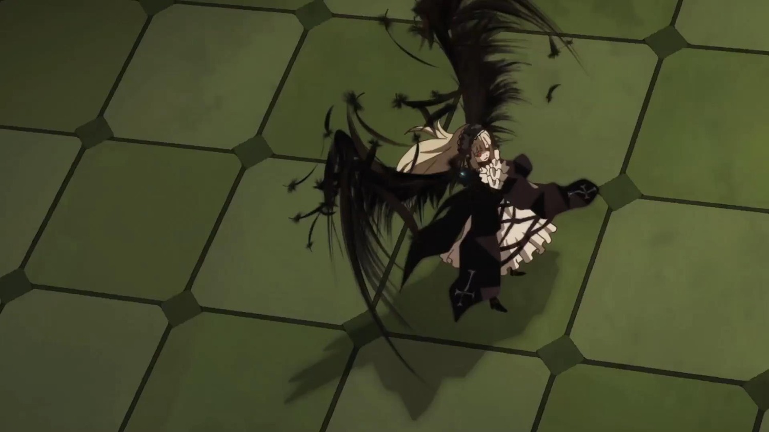 1girl black_dress chain-link_fence dress image long_hair solo suigintou tile_floor tiles wings