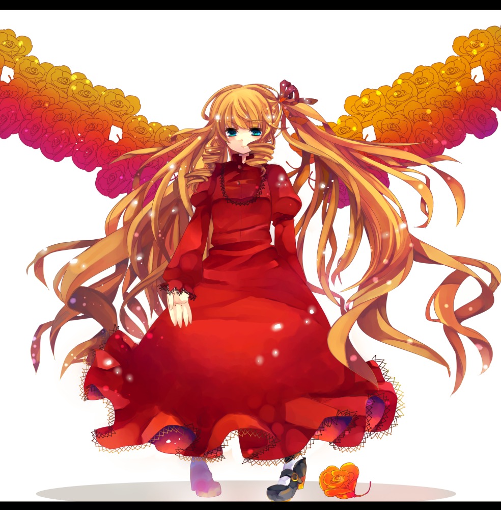 1girl blonde_hair dress drill_hair flower hair_ribbon image letterboxed long_hair orange_hair pantyhose red_dress red_flower red_rose ribbon rose shinku shoes solo striped striped_background very_long_hair yellow_rose