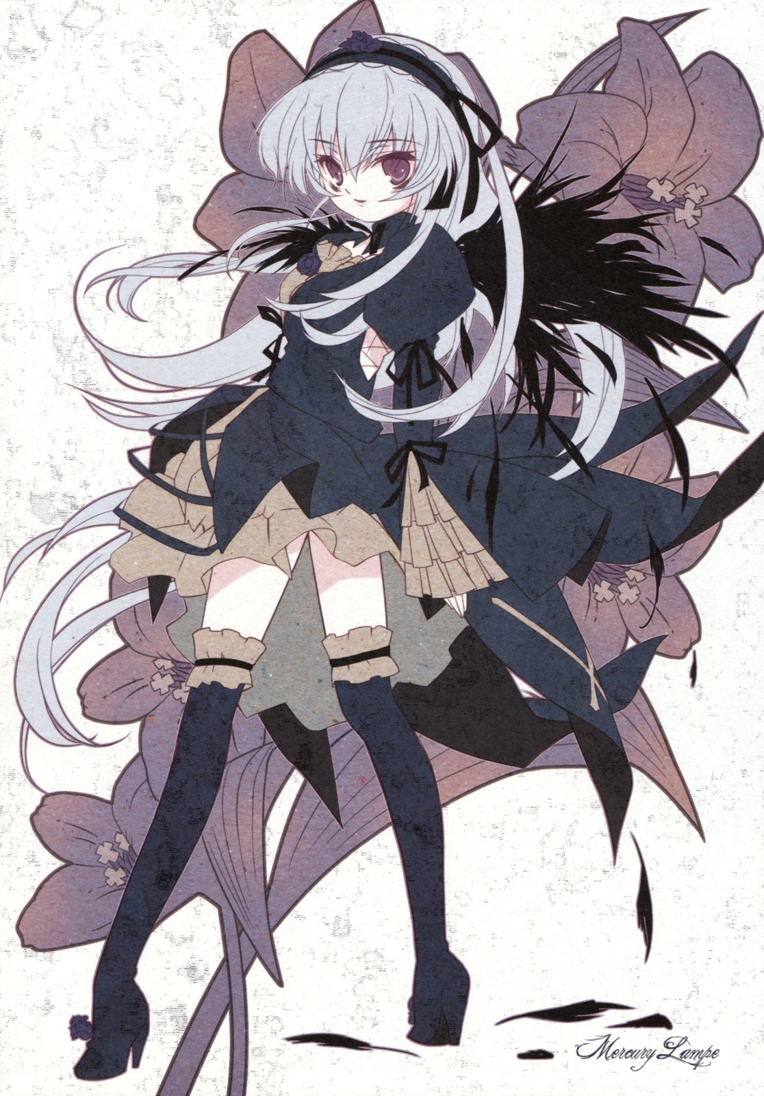 1girl black_wings boots dress feathers flower frills full_body hairband highres image long_hair looking_at_viewer purple_eyes room603 rozen_maiden silver_hair solo suigintou thigh_boots thighhighs wings zettai_ryouiki
