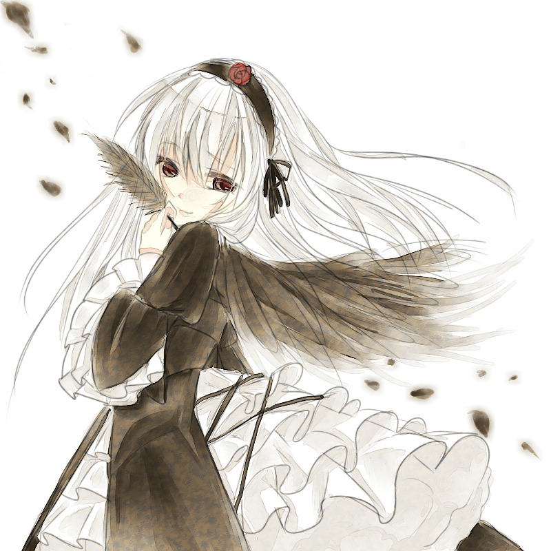 1girl bangs black_dress black_ribbon black_wings closed_mouth dress eyebrows_visible_through_hair feathers floating_hair flower frilled_sleeves frills hairband image juliet_sleeves long_hair long_sleeves looking_at_viewer red_eyes rose silver_hair smile solo suigintou very_long_hair white_background wings