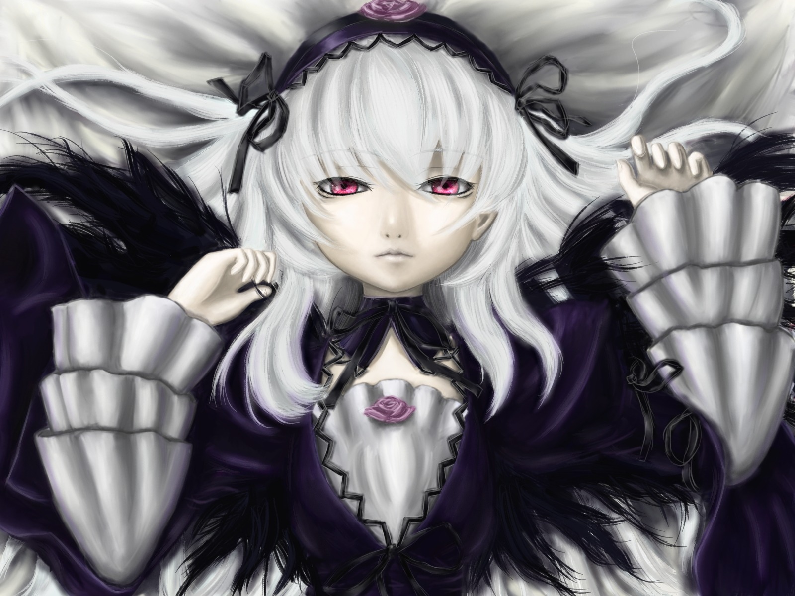 1girl black_ribbon black_wings closed_eyes commentary_request detached_collar dress flower frills hairband highres image lolita_fashion long_hair long_sleeves looking_at_viewer neoste pink_eyes ribbon rose rozen_maiden silver_hair solo suigintou wings