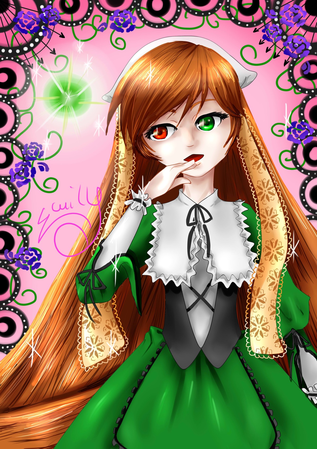 1girl auto_tagged brown_hair dress frills green_dress green_eyes heterochromia image long_hair long_sleeves looking_at_viewer red_eyes solo suiseiseki tongue tongue_out very_long_hair