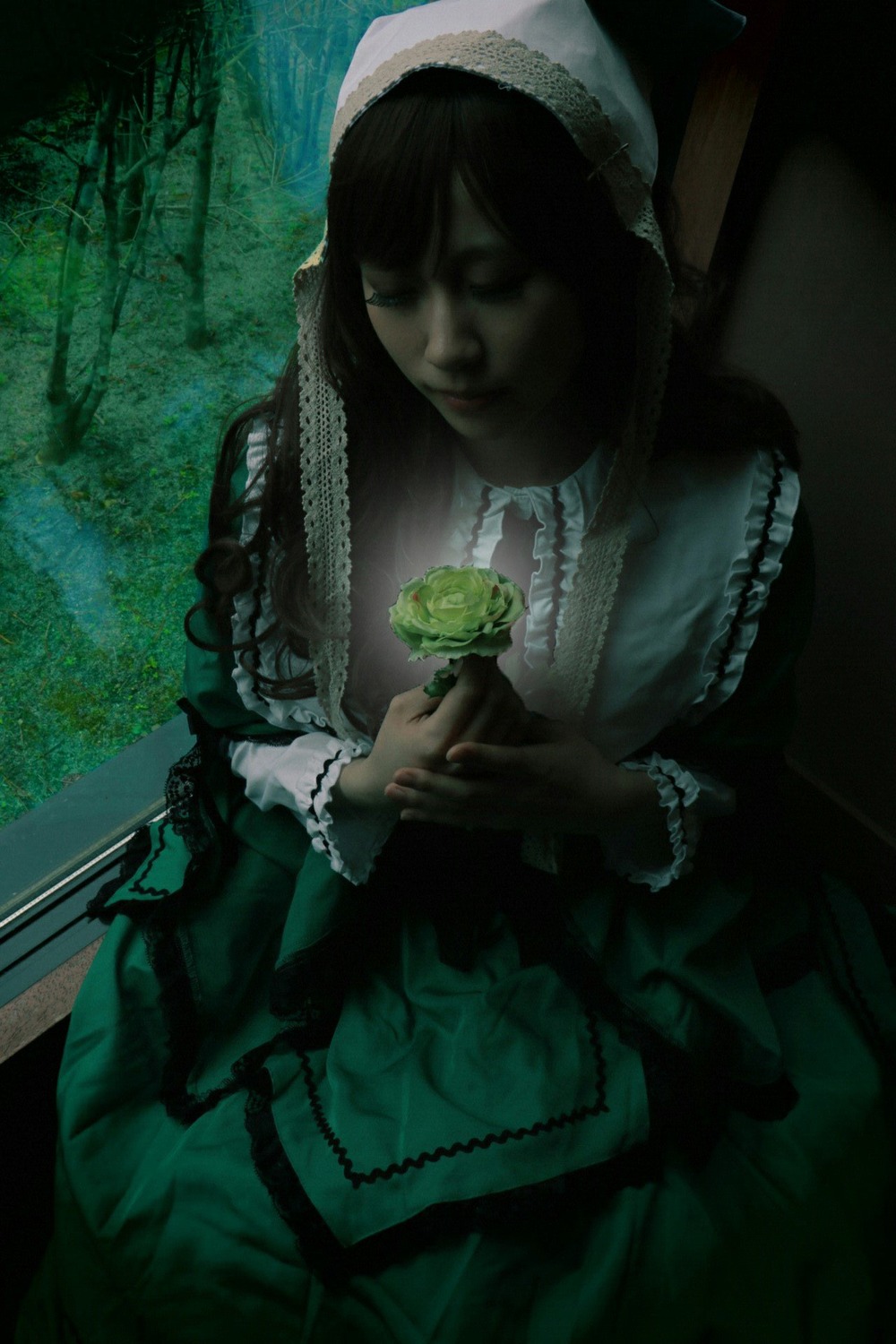 1girl closed_eyes dress flower green_dress lips long_hair long_sleeves solo suiseiseki