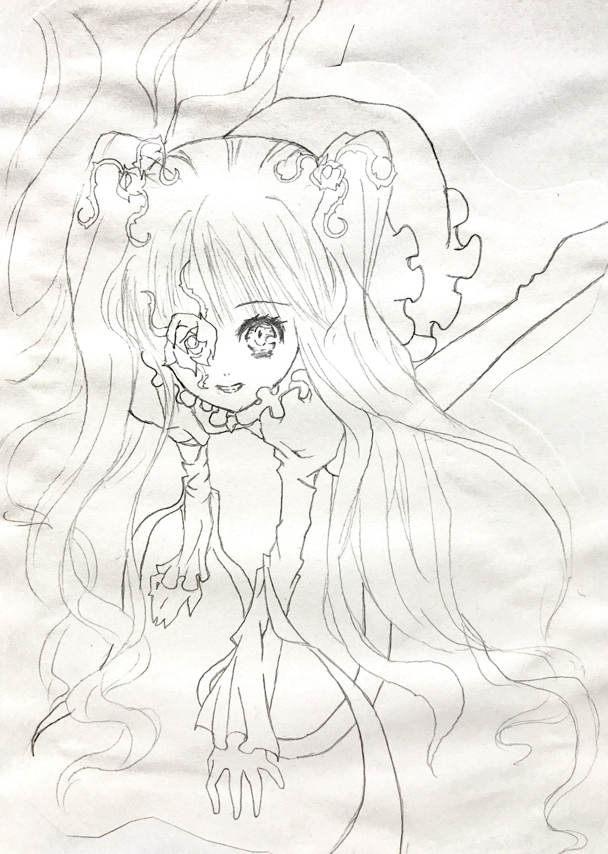 1girl dress frills hair_ornament image kirakishou long_hair monochrome solo tears