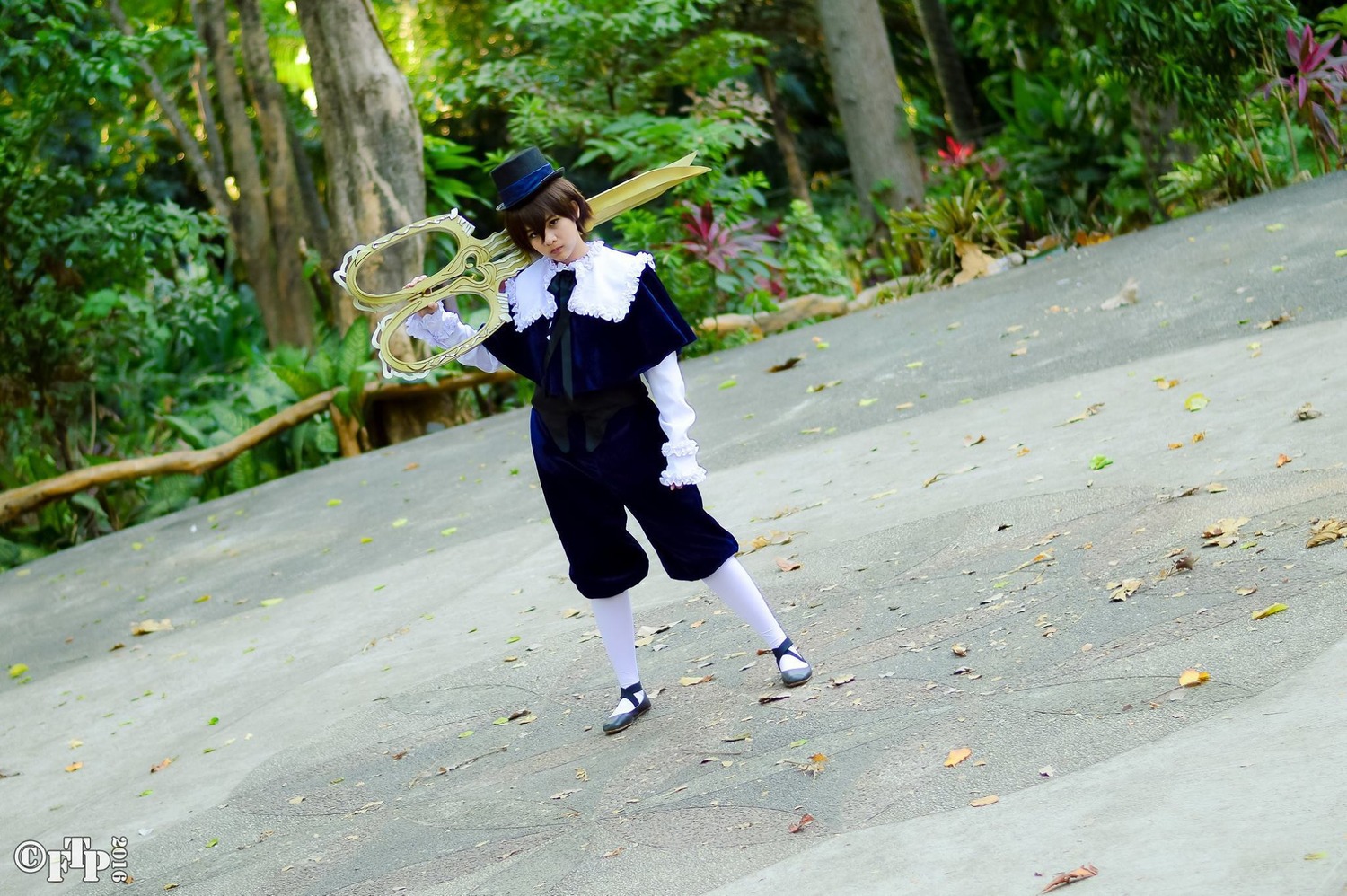 1boy brown_hair hat leaf long_sleeves nature outdoors pants solo souseiseki standing tree white_legwear