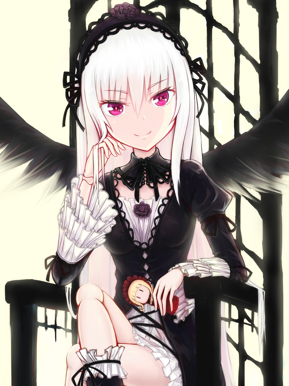 1girl black_dress black_wings cross detached_collar dress feathered_wings feathers frills gothic_lolita hairband image lolita_fashion long_hair long_sleeves looking_at_viewer pink_eyes rose silver_hair sitting smile solo suigintou wings