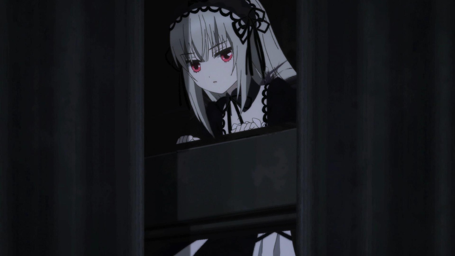 1girl bangs dress eyebrows_visible_through_hair hairband image looking_at_viewer red_eyes ribbon silver_hair solo suigintou