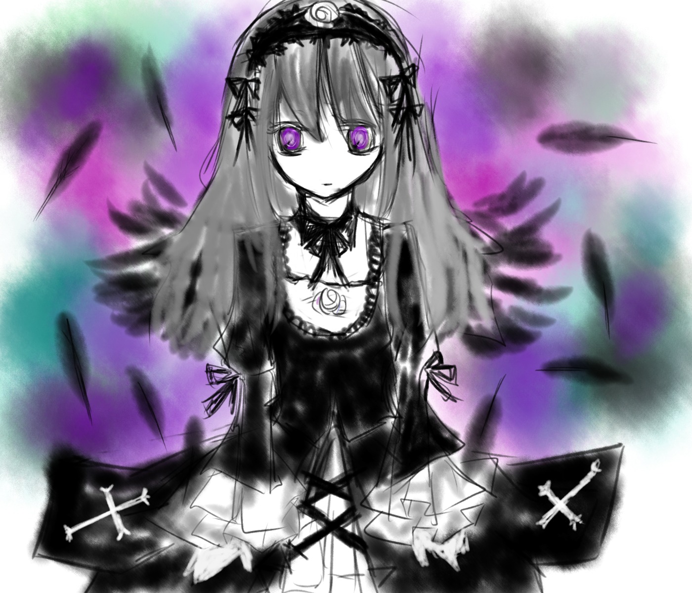 1girl black_ribbon black_wings cowboy_shot cross detached_collar dress feathers flower frills hairband image lolita_fashion lolita_hairband long_hair long_sleeves looking_at_viewer purple_eyes ribbon solo suigintou wings