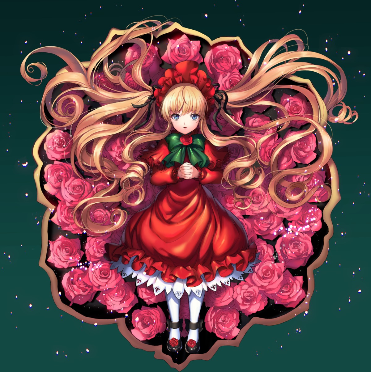 1girl blonde_hair blue_eyes bow bowtie dress flower full_body green_bow image lolita_fashion long_hair looking_at_viewer mary_janes pantyhose pink_flower pink_rose red_capelet red_dress red_flower red_rose rose rose_petals shinku shoes solo thorns twintails very_long_hair vines