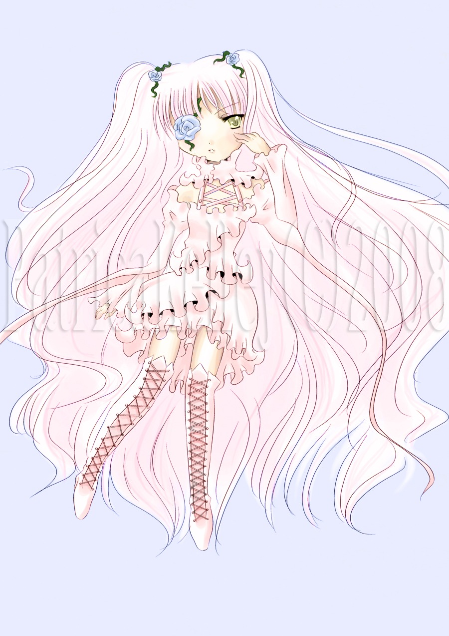 1girl boots cross-laced_footwear dress eyepatch flower frills hair_flower image kirakishou knee_boots long_hair long_sleeves pink_hair rose solo thigh_boots thighhighs very_long_hair white_footwear yellow_eyes