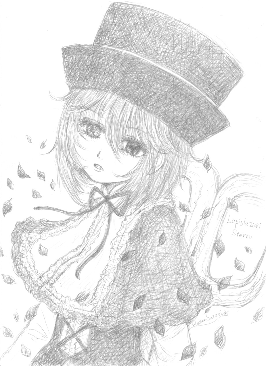 1girl breasts graphite_(medium) greyscale hat image looking_at_viewer monochrome ribbon short_hair solo souseiseki traditional_media upper_body