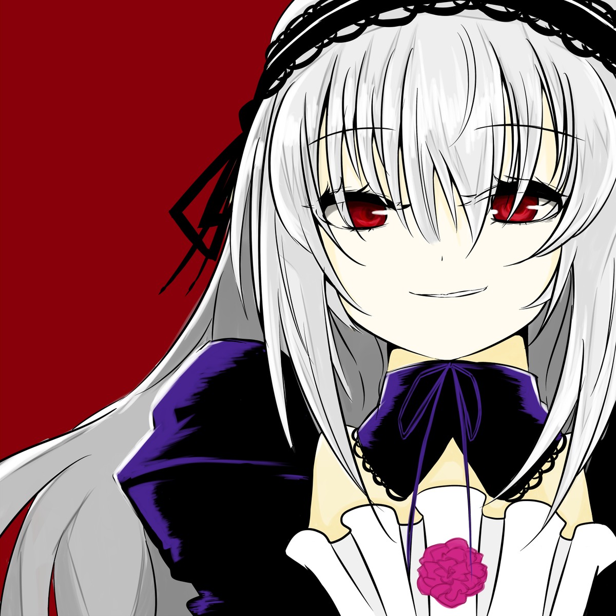 1girl bangs black_dress detached_collar dress eyebrows_visible_through_hair flower frills gothic_lolita grin hair_between_eyes hairband image lolita_fashion lolita_hairband long_hair long_sleeves looking_at_viewer red_background red_eyes rose simple_background smile solo suigintou