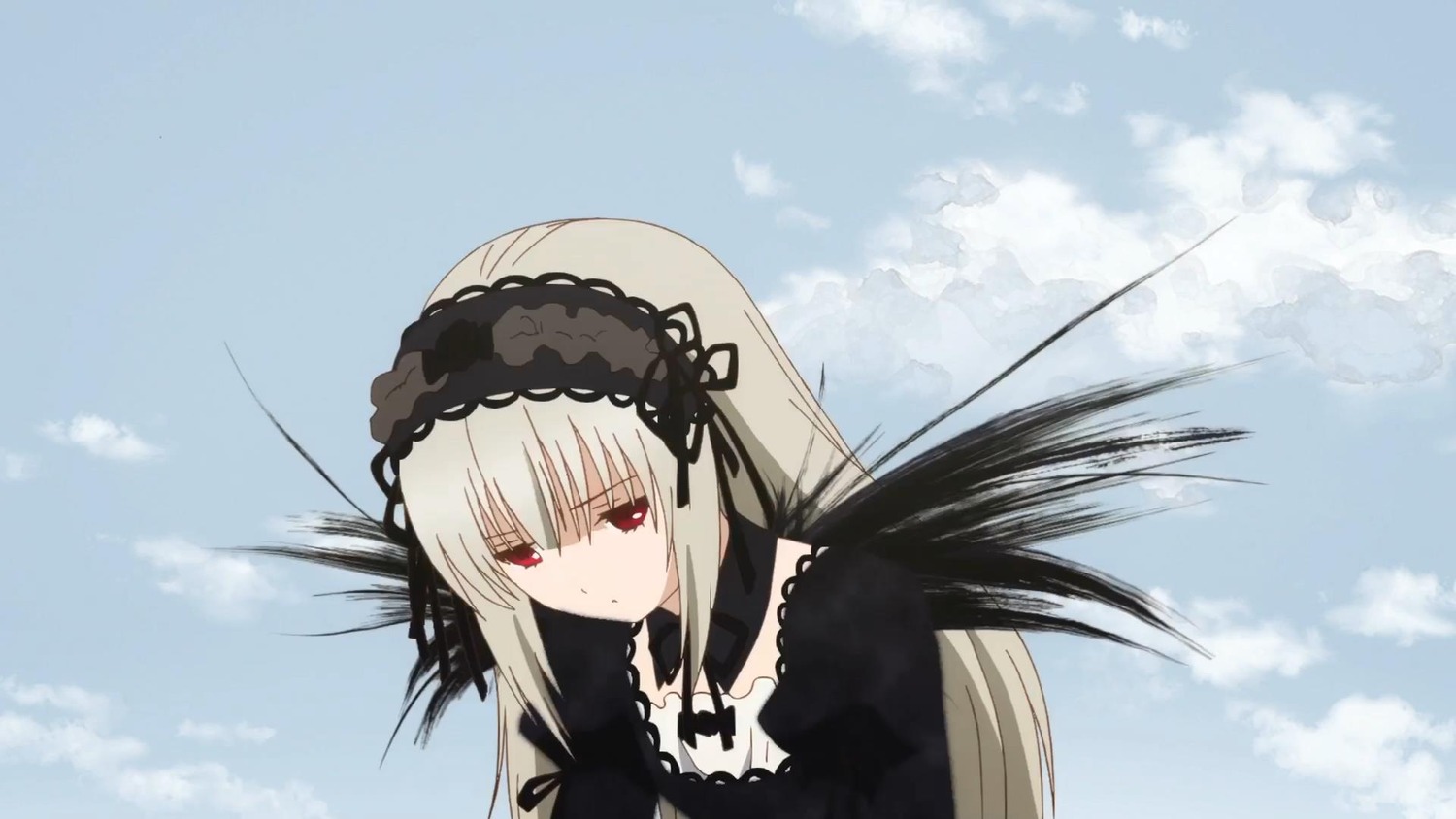 1girl bangs black_ribbon cloud day detached_collar dress frills hairband image long_hair long_sleeves looking_at_viewer red_eyes ribbon silver_hair sky solo suigintou