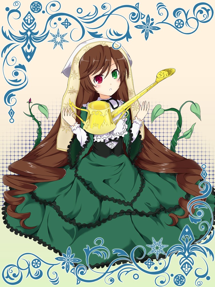 1girl brown_hair dress drill_hair flower frills green_dress green_eyes head_scarf heterochromia image long_hair long_sleeves looking_at_viewer red_eyes solo suiseiseki twin_drills twintails very_long_hair watering_can