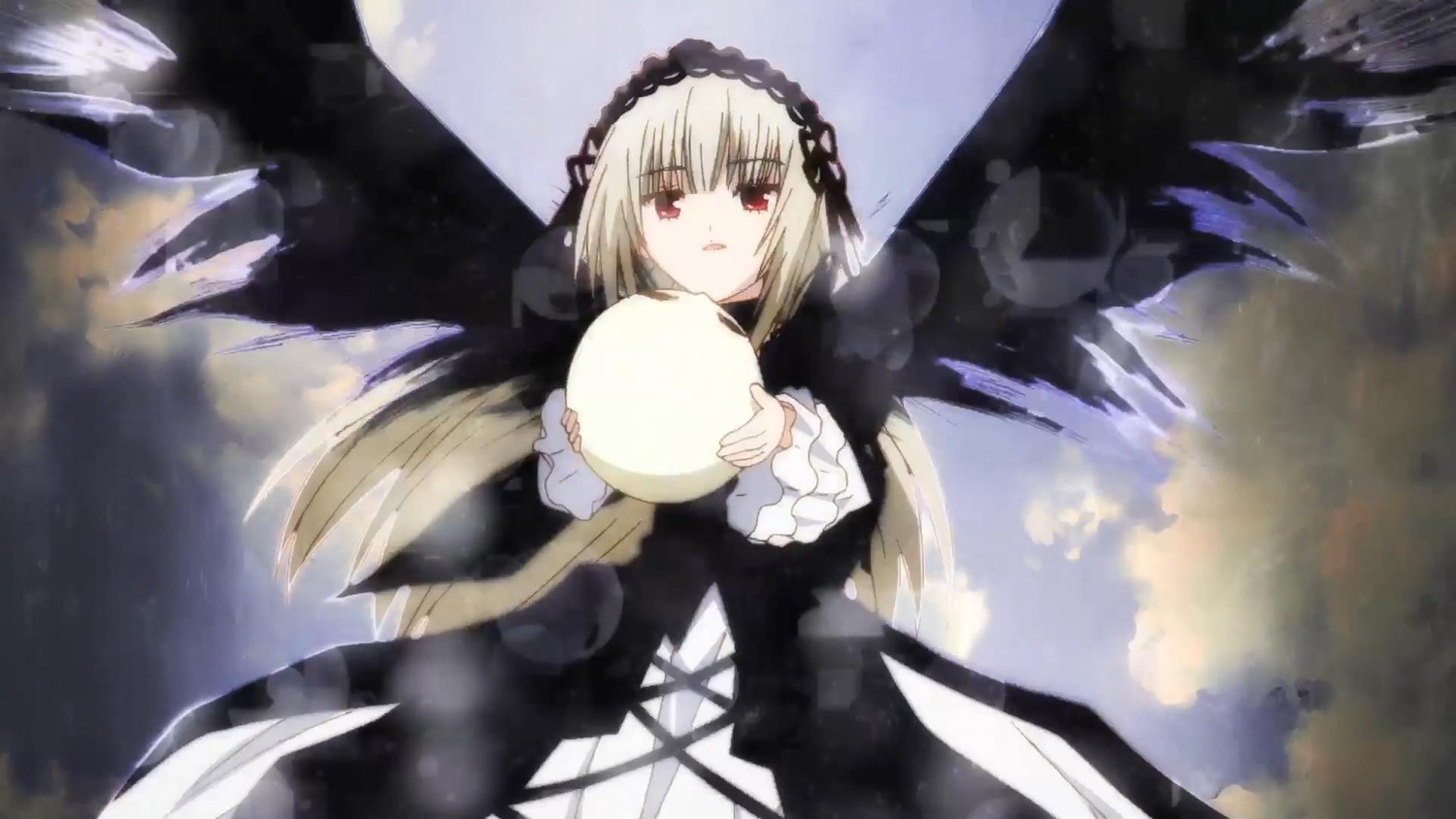 1girl black_ribbon black_wings blonde_hair cloud dress flower frills hairband image long_hair long_sleeves looking_at_viewer red_eyes ribbon rose sky solo suigintou very_long_hair wings